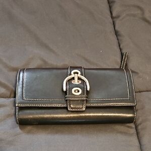 Coach Black Leather Classic Buckle Long Wallet With Checkbook!